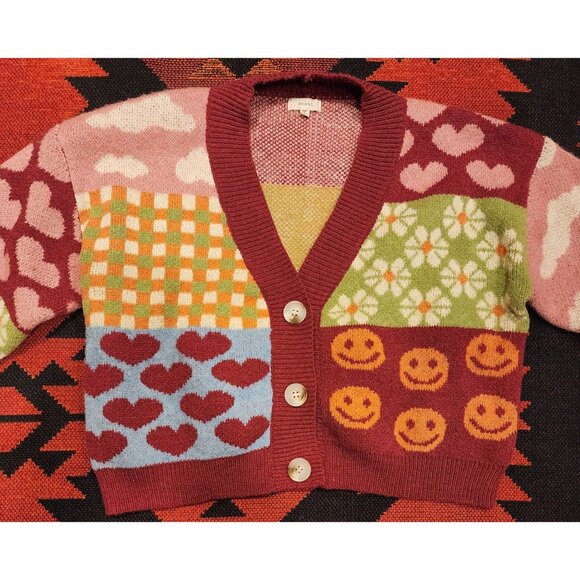 debut Sweaters - Debut Colorful Patchwork Cottage, Twee Cropped Cardigan 3 Button Debut Small